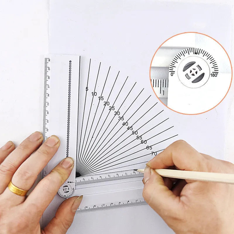 30cm white plastic multi-function set ruler showing straight edge and angle measurement markings