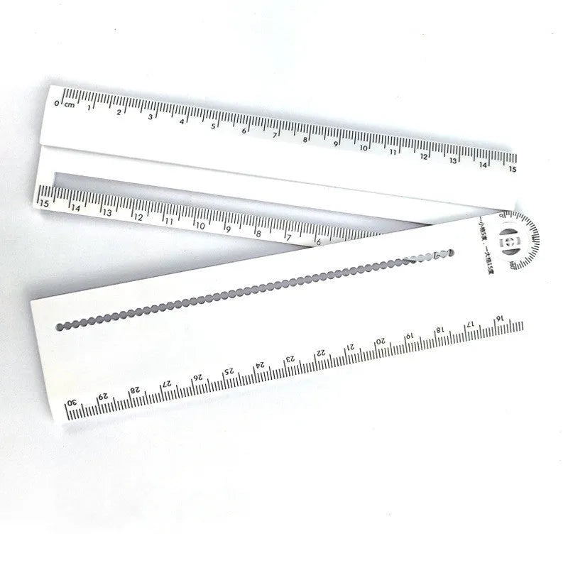 30cm white plastic multi-function set ruler showing straight edge and angle measurement markings