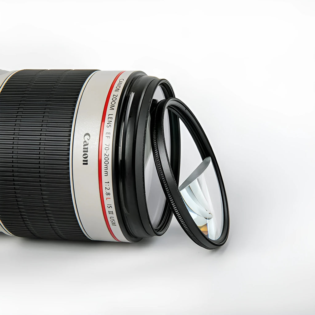 77mm rotatable half moon mirror split focus filter for SLR camera with cleaning cloth and storage bag.