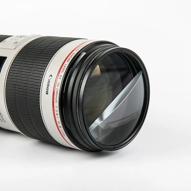 77mm rotatable half moon mirror split focus filter for SLR camera with cleaning cloth and storage bag.