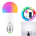 15W smart WiFi LED light bulb with RGB and white light, showing E27 and B22 cap options