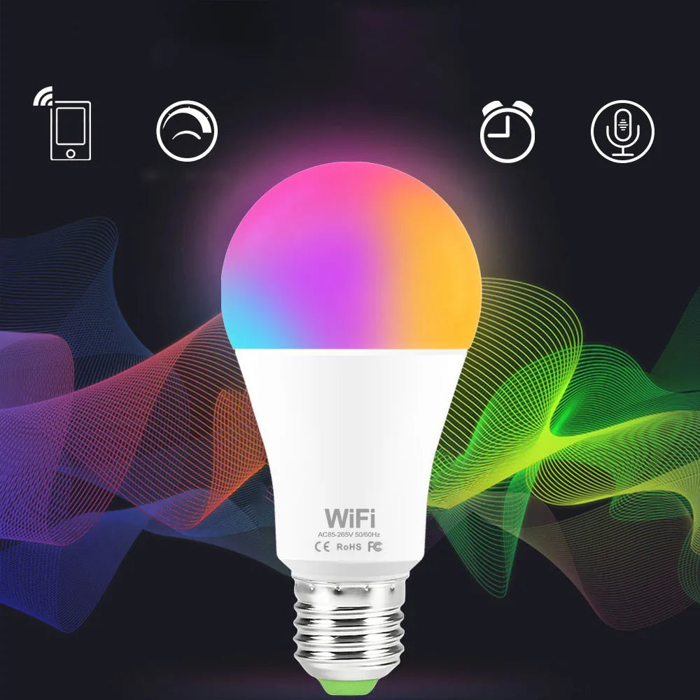 15W smart WiFi LED light bulb with RGB and white light, showing E27 and B22 cap options