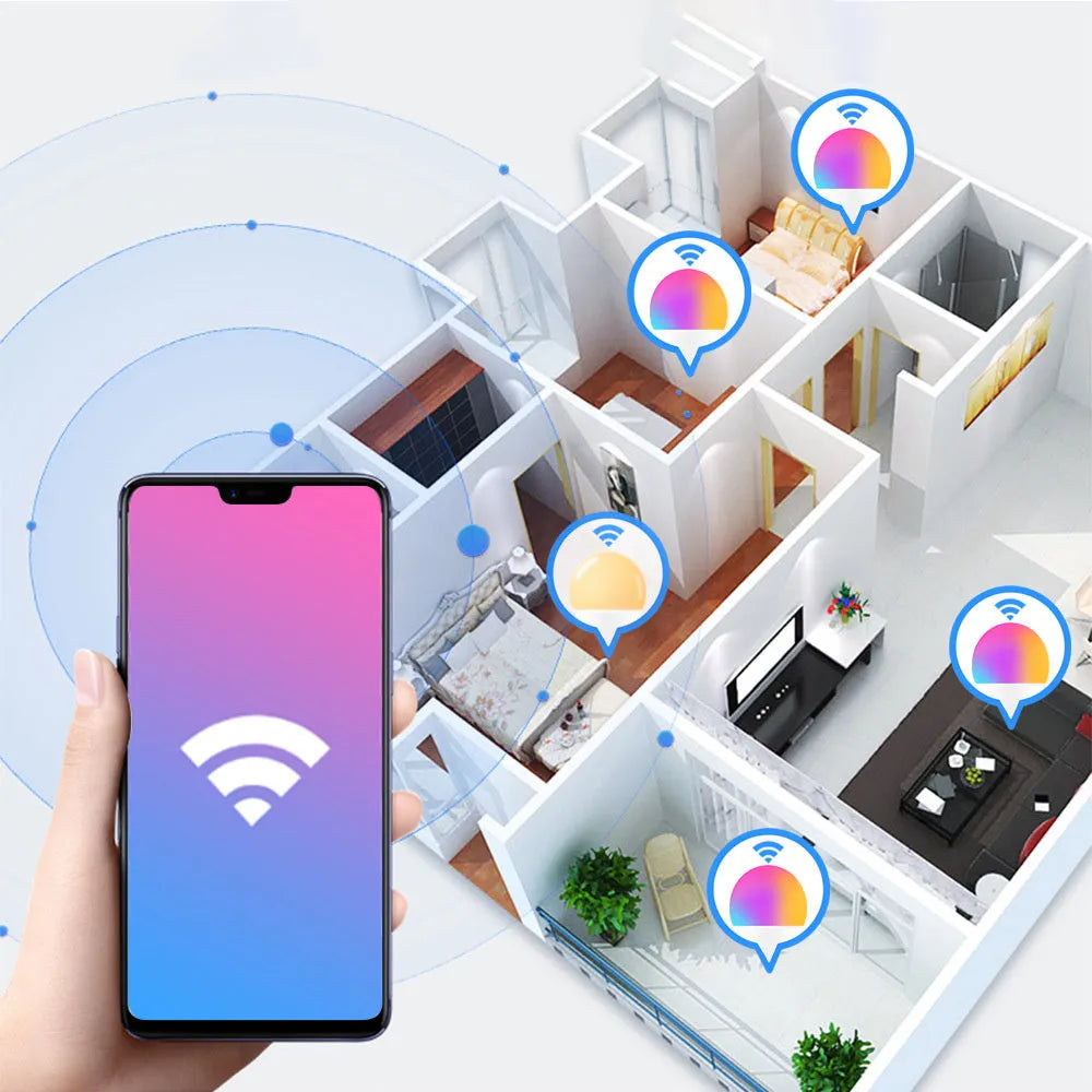 15W smart WiFi LED light bulb with RGB and white light, showing E27 and B22 cap options