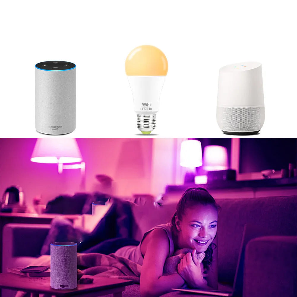 15W smart WiFi LED light bulb with RGB and white light, showing E27 and B22 cap options