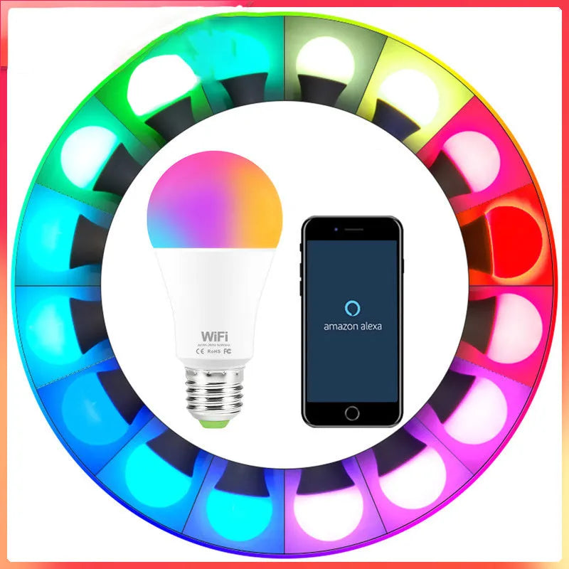 15W smart WiFi LED light bulb with RGB and white light, showing E27 and B22 cap options