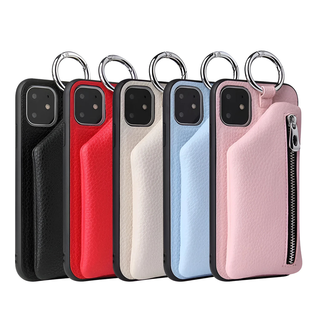 PU leather iPhone lanyard case with strap and rear coin purse in solid colour.