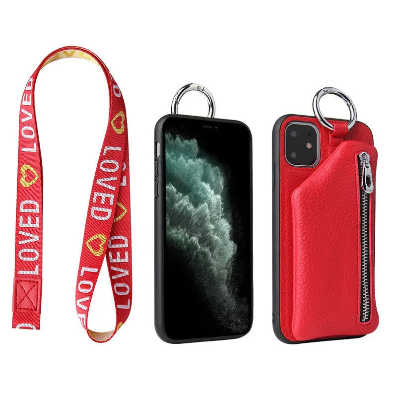 PU leather iPhone lanyard case with strap and rear coin purse in solid colour.