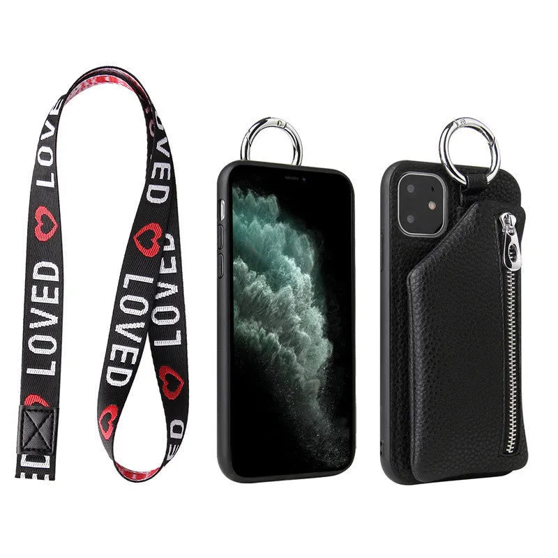 PU leather iPhone lanyard case with strap and rear coin purse in solid colour.
