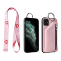 PU leather iPhone lanyard case with strap and rear coin purse in solid colour.