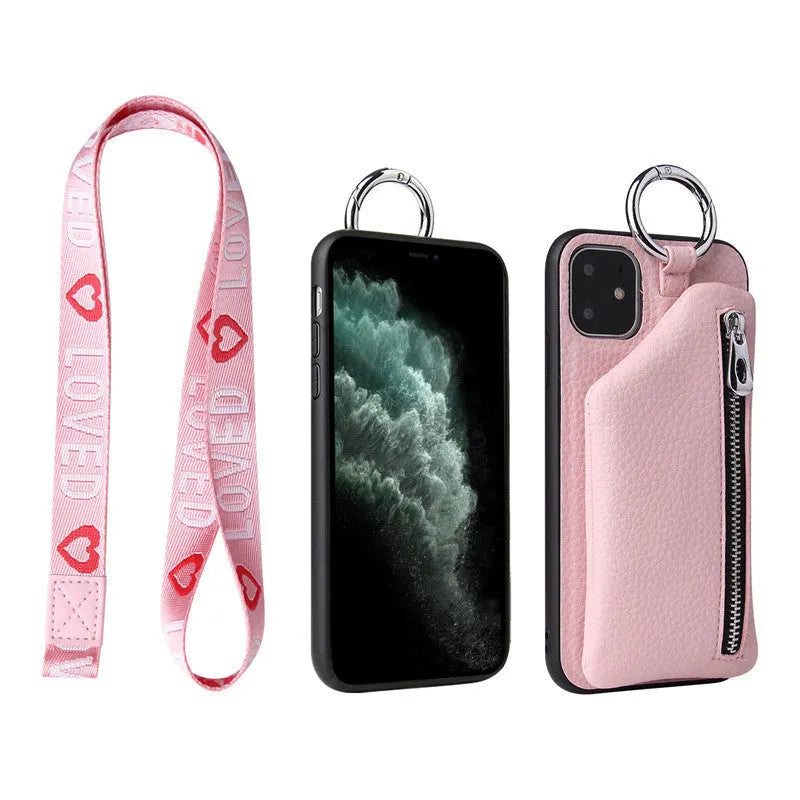 PU leather iPhone lanyard case with strap and rear coin purse in solid colour.