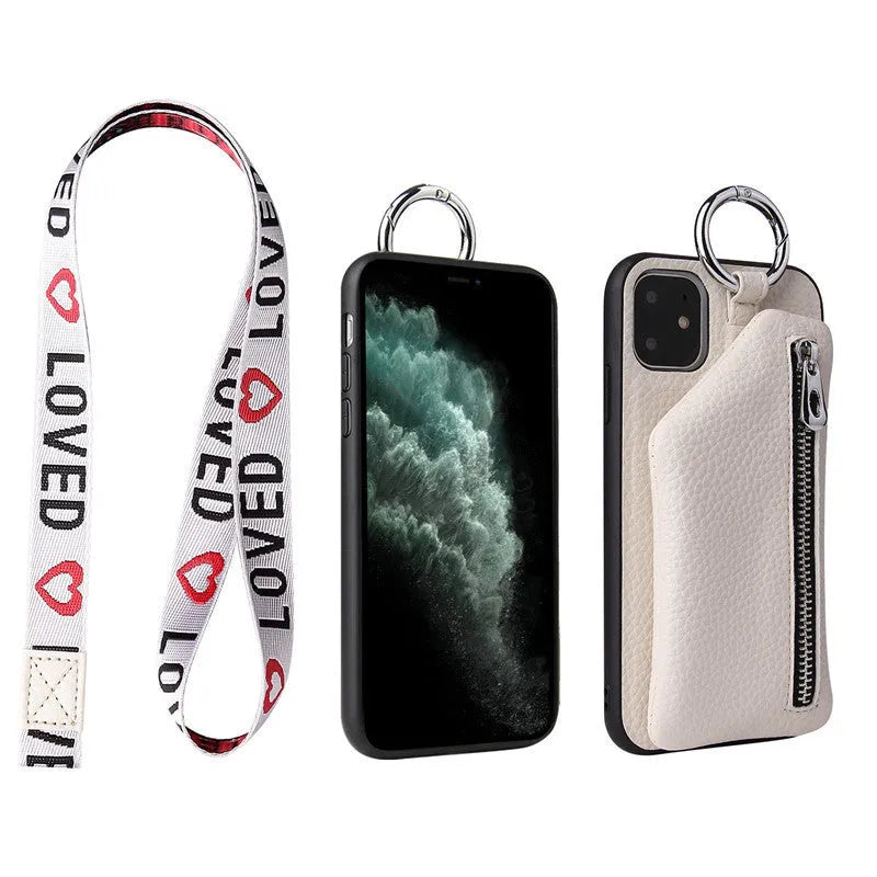 PU leather iPhone lanyard case with strap and rear coin purse in solid colour.