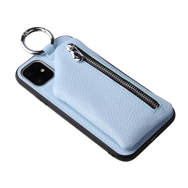 PU leather iPhone lanyard case with strap and rear coin purse in solid colour.