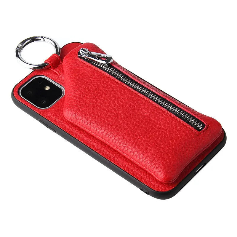 PU leather iPhone lanyard case with strap and rear coin purse in solid colour.