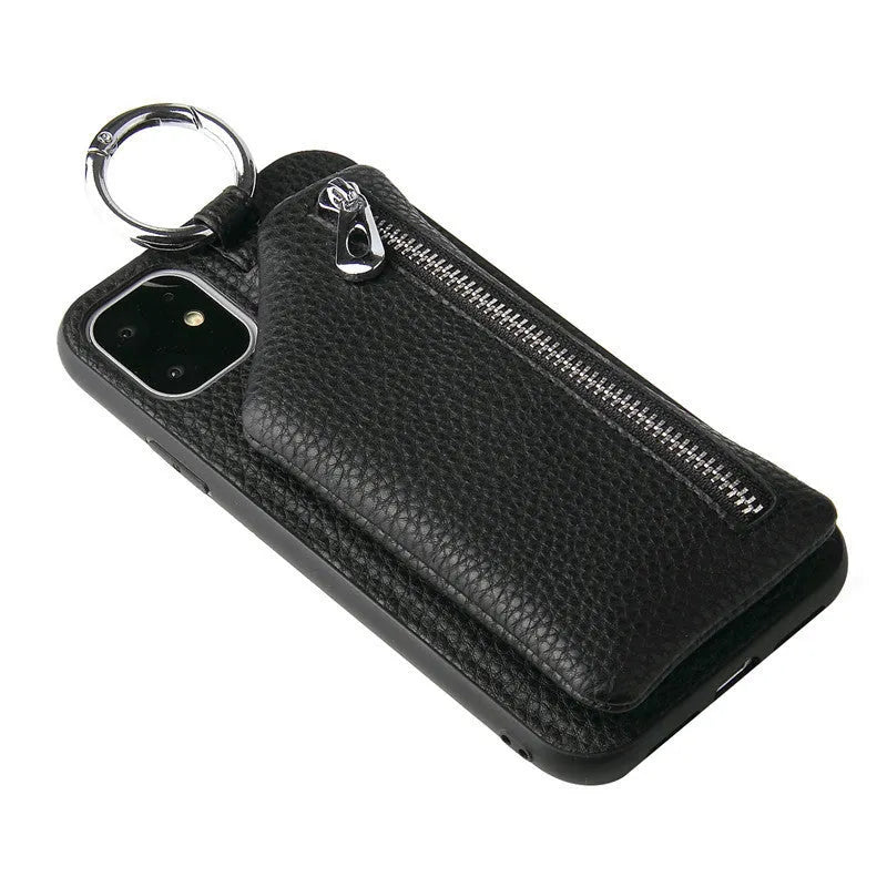 PU leather iPhone lanyard case with strap and rear coin purse in solid colour.