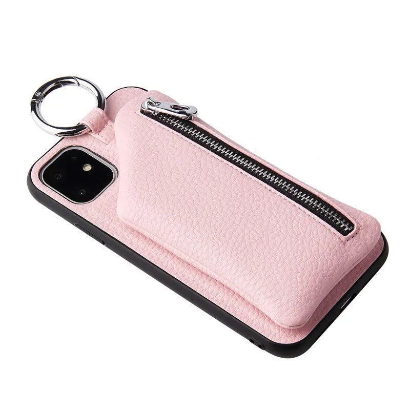 PU leather iPhone lanyard case with strap and rear coin purse in solid colour.