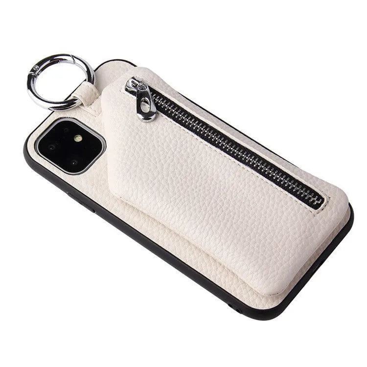 PU leather iPhone lanyard case with strap and rear coin purse in solid colour.