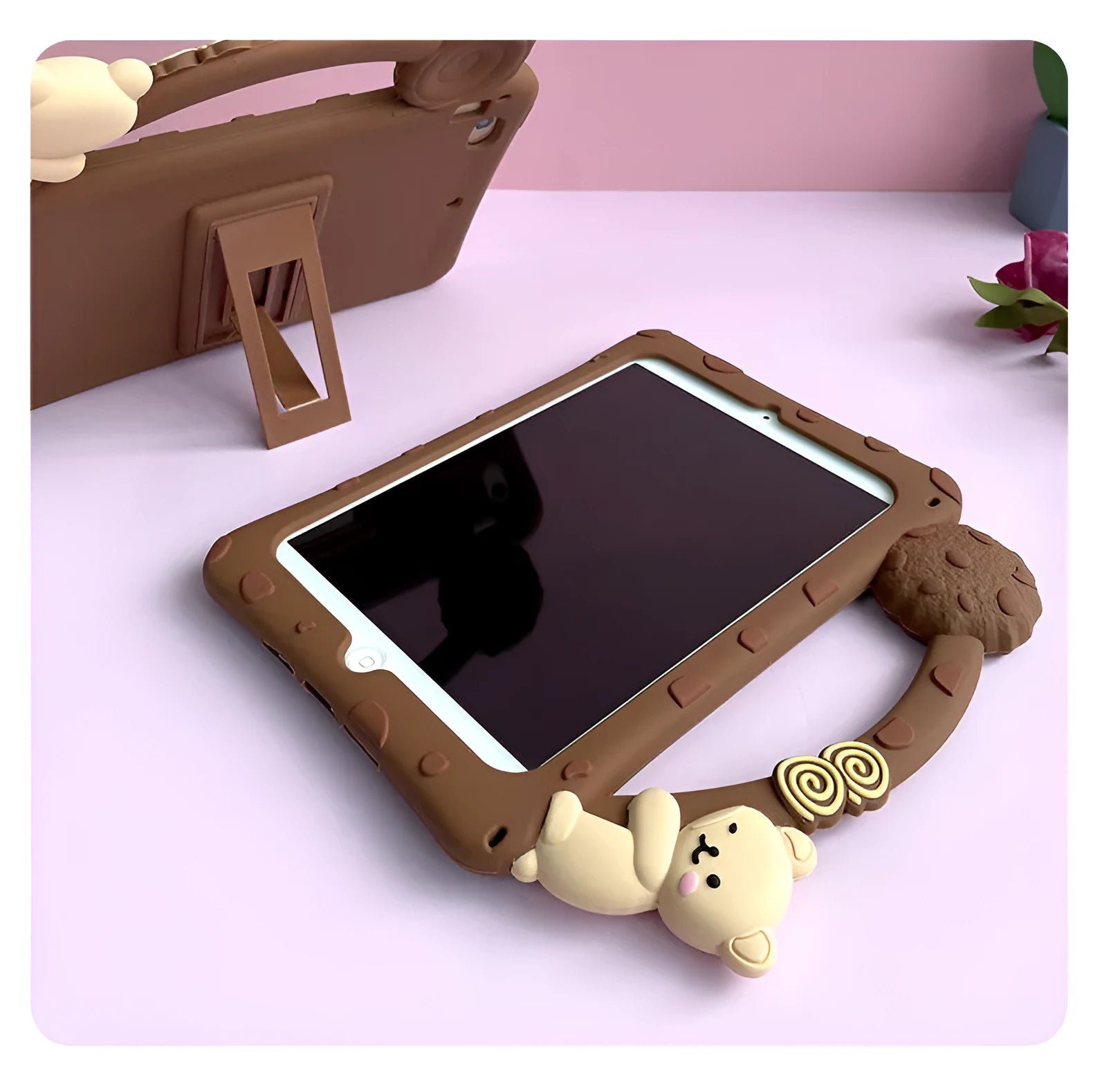 Brown cartoon-style silicone sleeve for iPad with an integrated flip-out bracket stand.