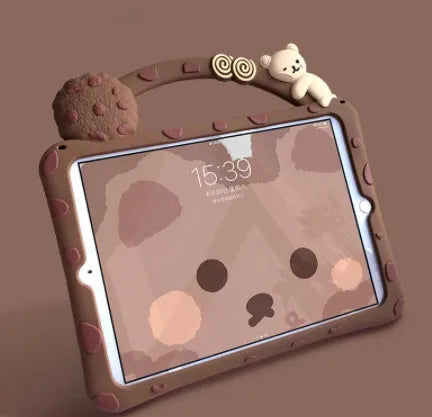 Brown cartoon style silicone sleeve case for iPad tablet on a flat surface