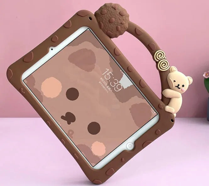 Brown cartoon-style silicone sleeve for iPad with an integrated flip-out bracket stand.