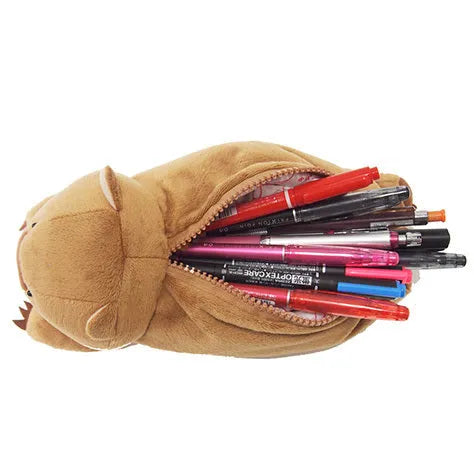 Brown wombat family plush pencil case with cartoon animal design for children's stationery