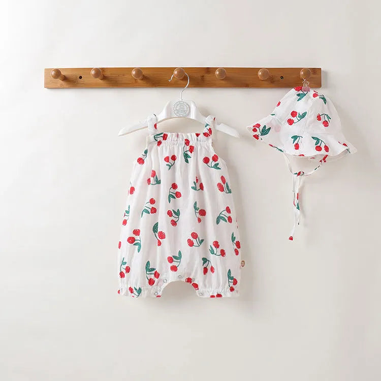 Baby girl cotton romper in smiley sunflower print sleeveless with detachable hood