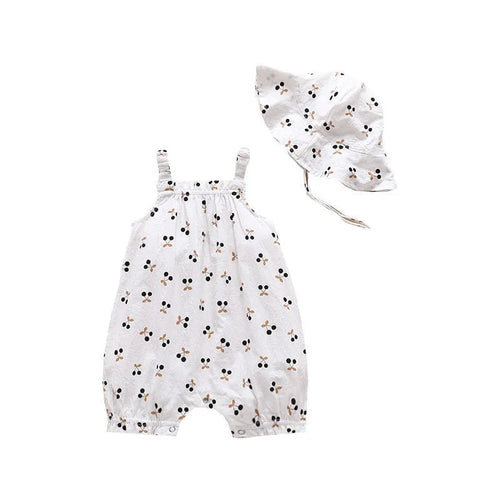 Baby girl cotton romper in smiley sunflower print sleeveless with detachable hood