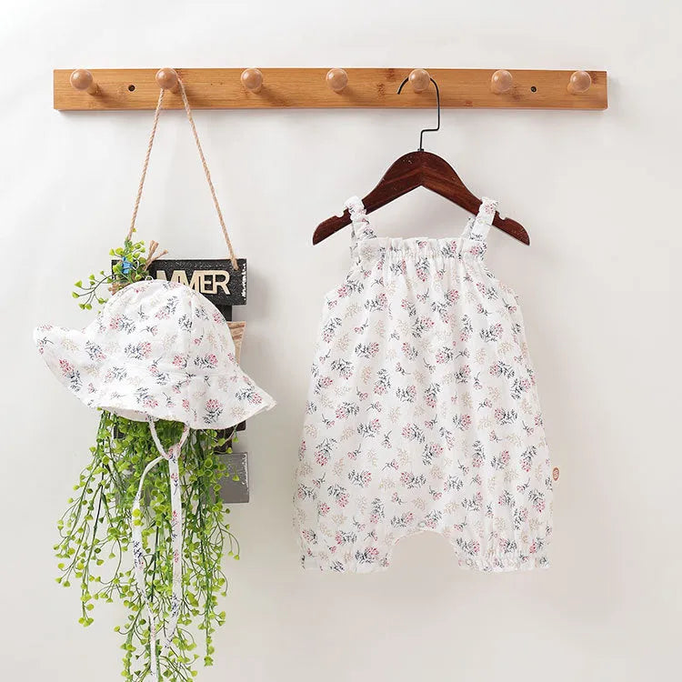 Baby girl cotton romper in smiley sunflower print sleeveless with detachable hood