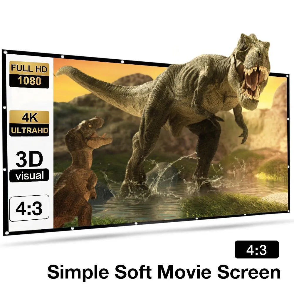 A large white foldable projection screen with a 150-inch diagonal, shown laid out flat.