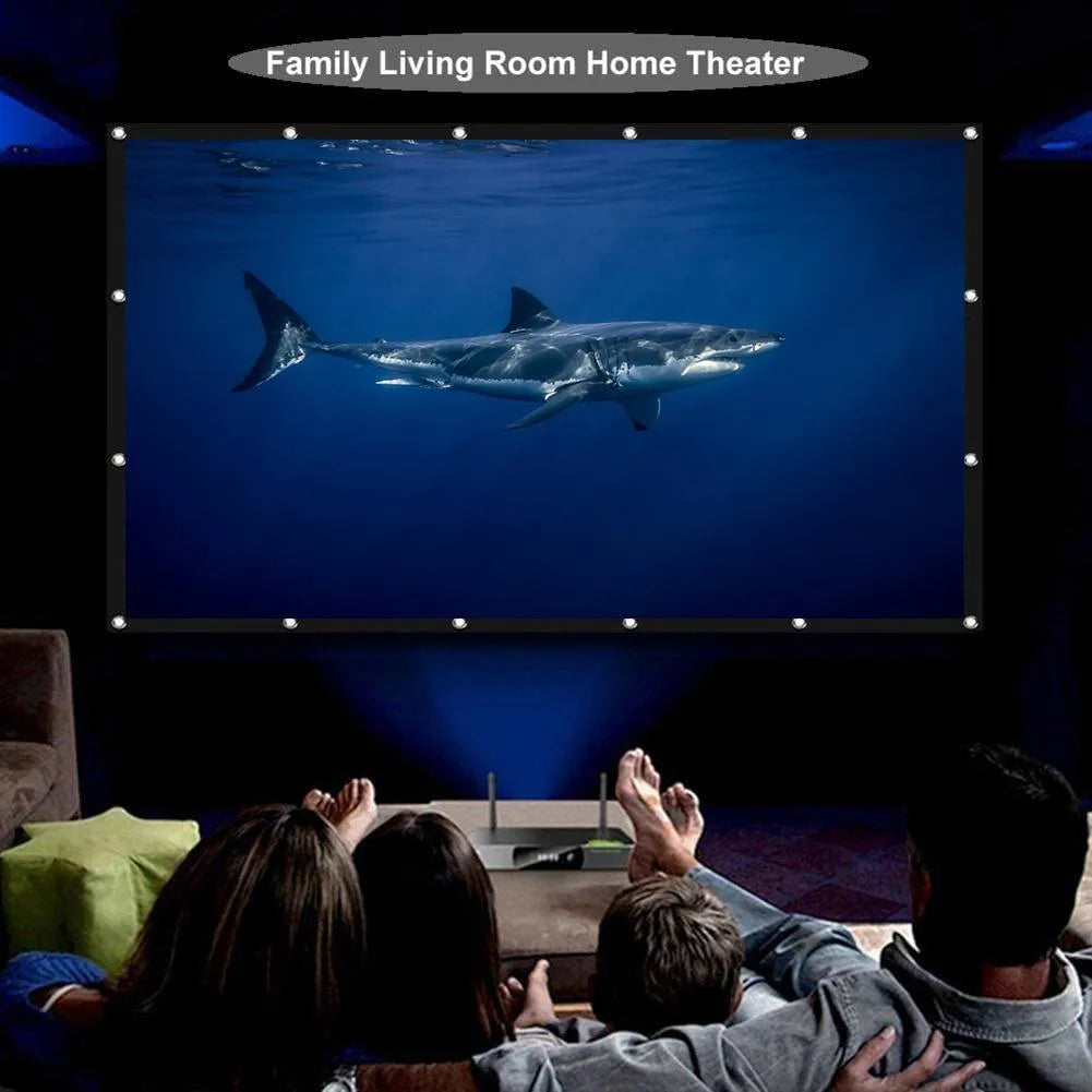 A large white foldable projection screen with a 150-inch diagonal, shown laid out flat.