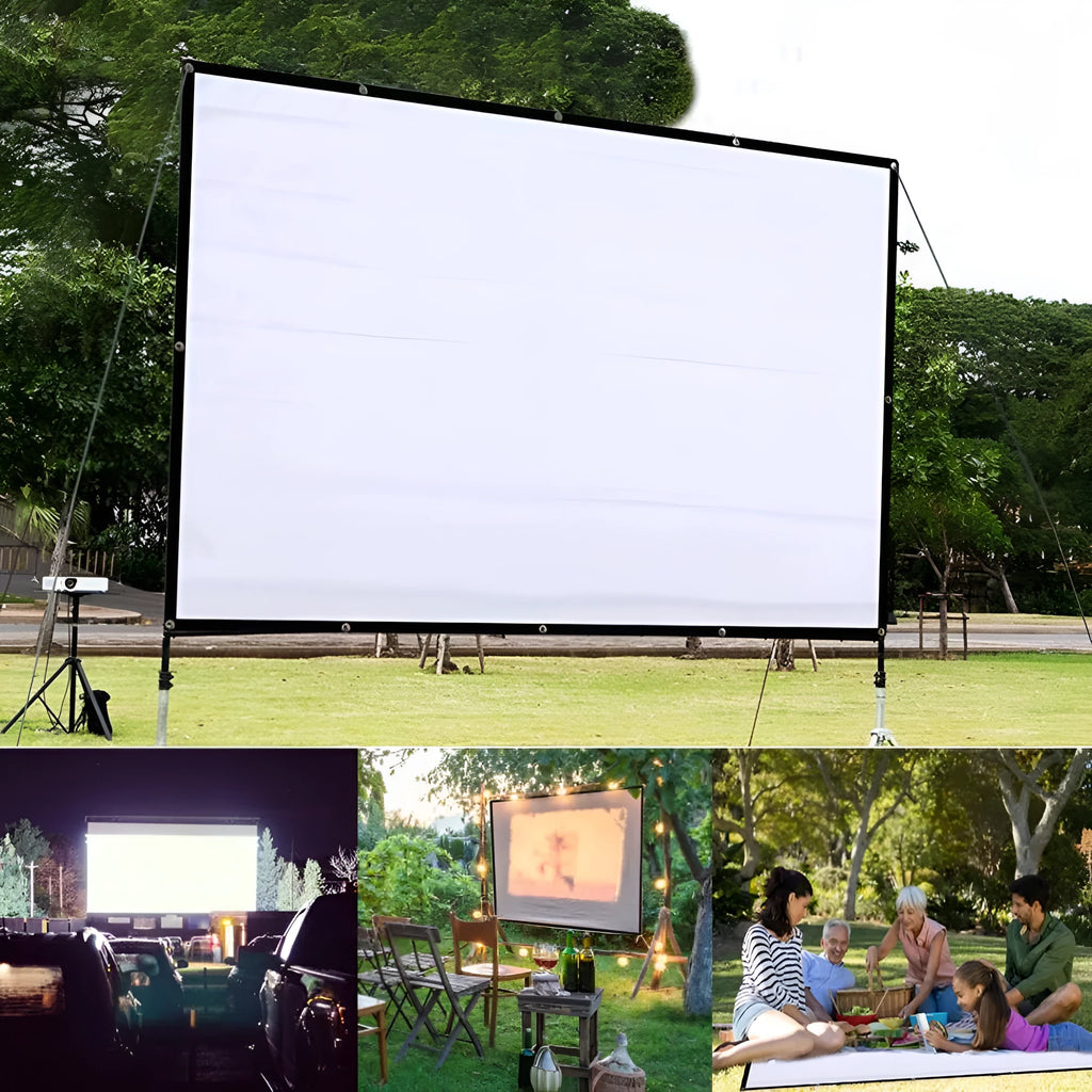 A large white foldable projection screen with a 150-inch diagonal, shown laid out flat.