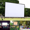 A large white foldable projection screen with a 150-inch diagonal, shown laid out flat.