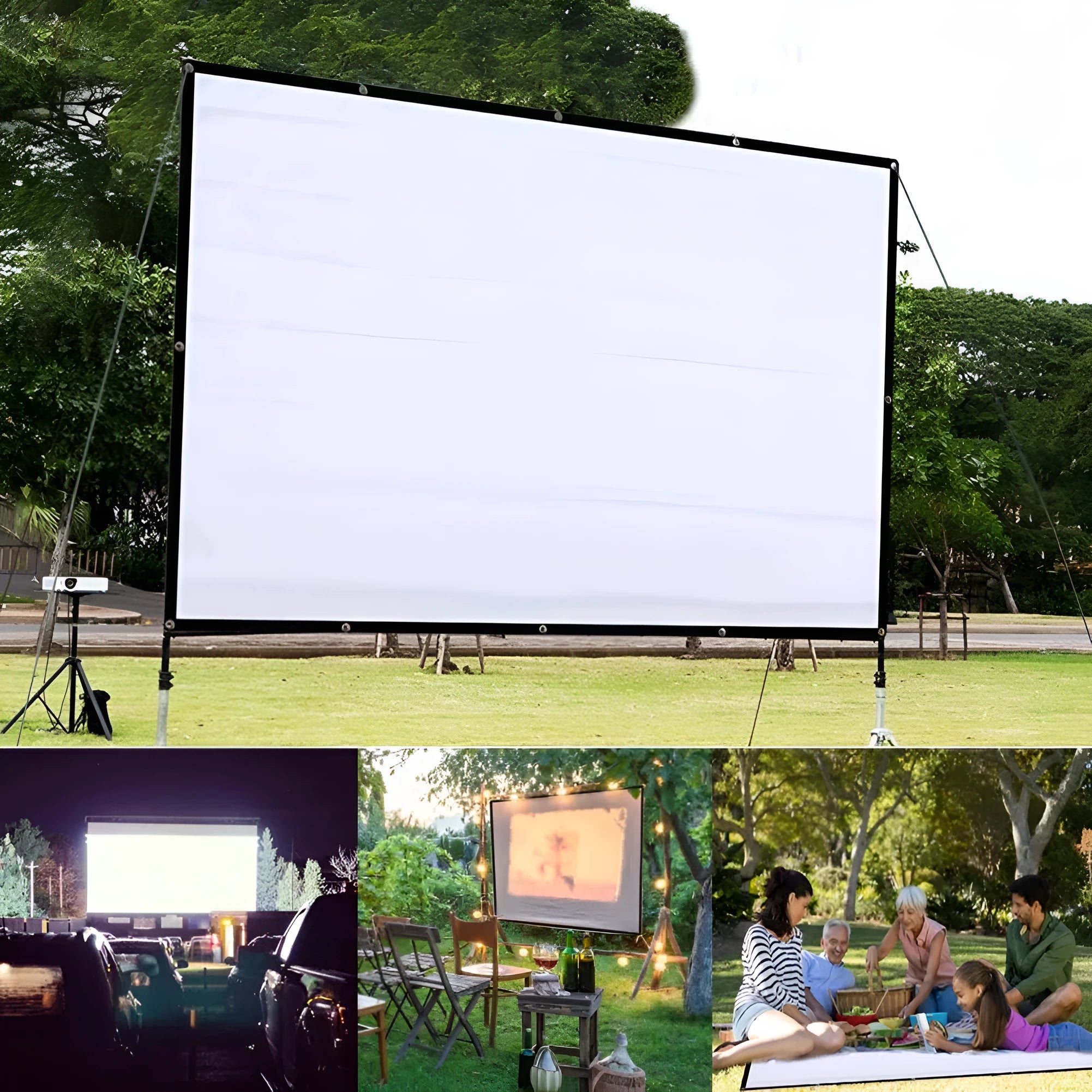 A large white foldable projection screen with a 150-inch diagonal, shown laid out flat.