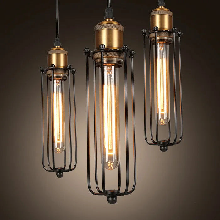 Brown Nordic retro industrial style gladiator chandelier with an iron body suspended from the ceiling.