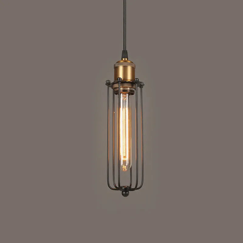 Brown Nordic retro industrial style gladiator chandelier with an iron body suspended from the ceiling.