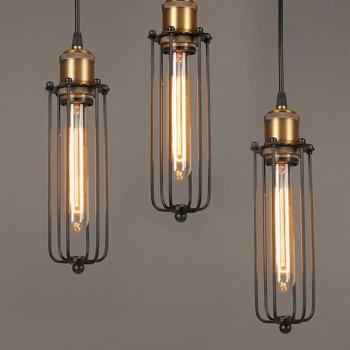 Brown Nordic retro industrial style gladiator chandelier with an iron body suspended from the ceiling.