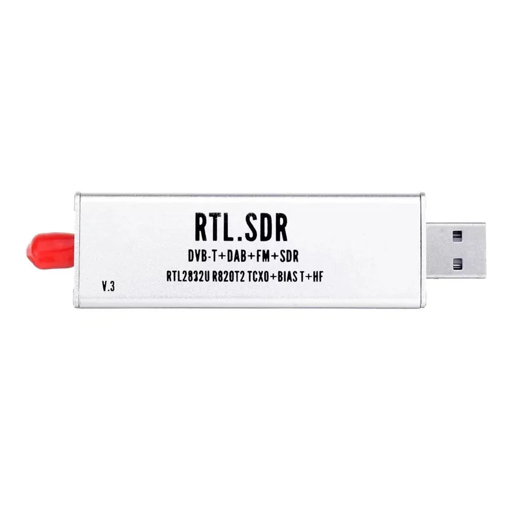 Black all-band software-defined radio receiver with golden SMA connector for computer-based signal reception.