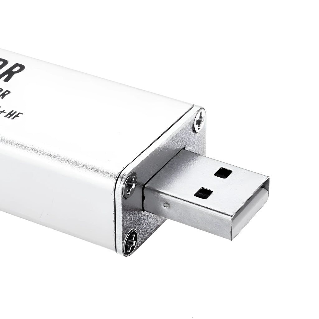 Black all-band software-defined radio receiver with golden SMA connector for computer-based signal reception.