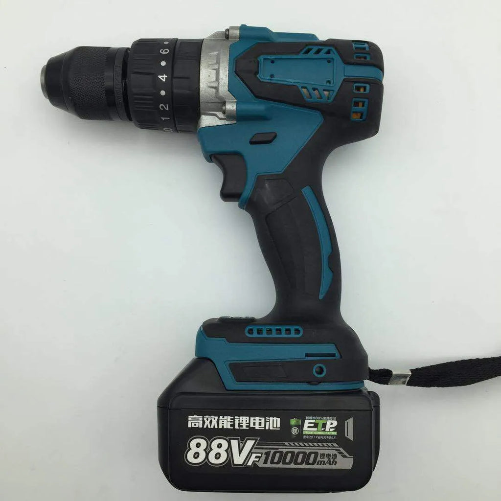 A cordless multi-function impact drill and electric screwdriver with a 13mm chuck and lithium battery.
