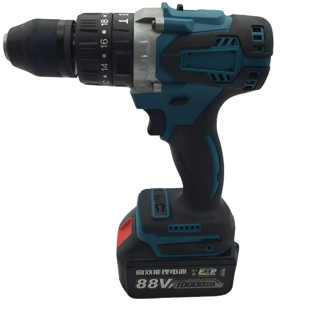 A cordless multi-function impact drill and electric screwdriver with a 13mm chuck and lithium battery.