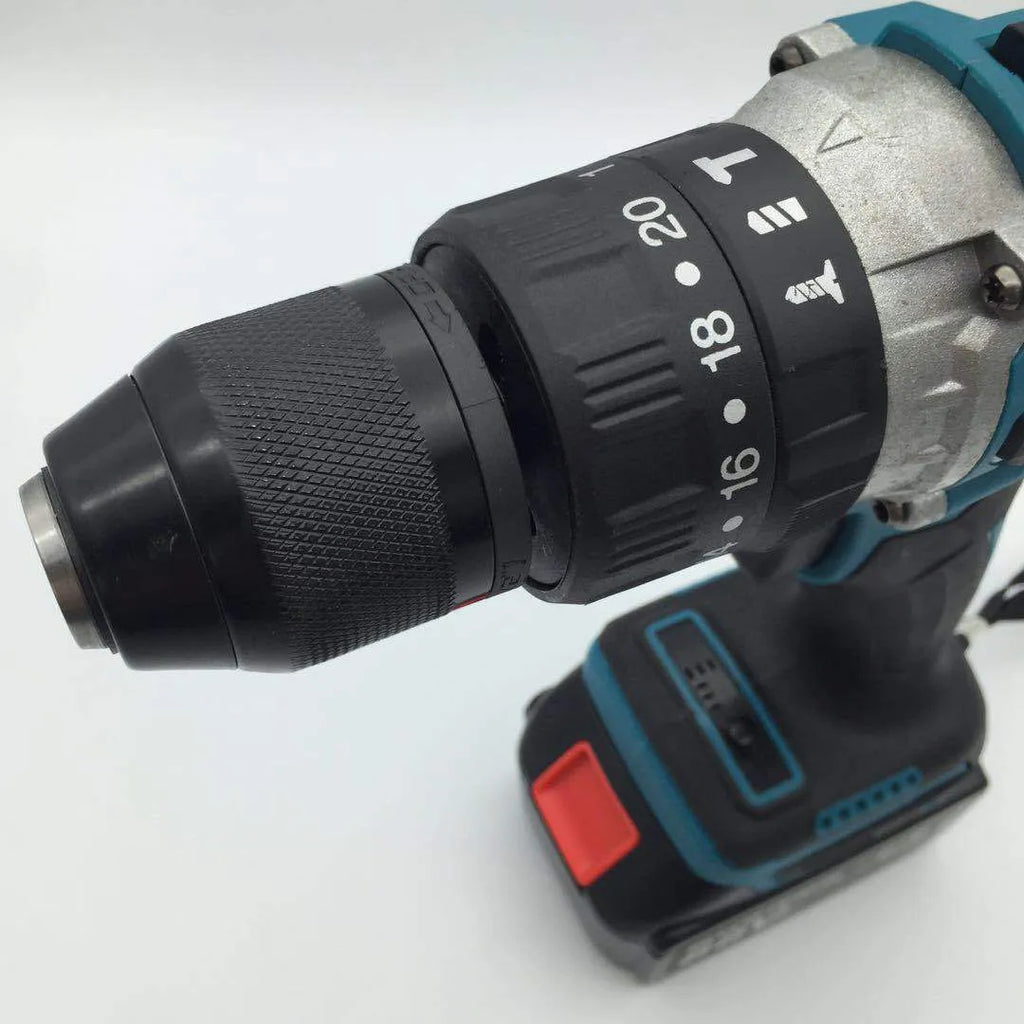 A cordless multi-function impact drill and electric screwdriver with a 13mm chuck and lithium battery.