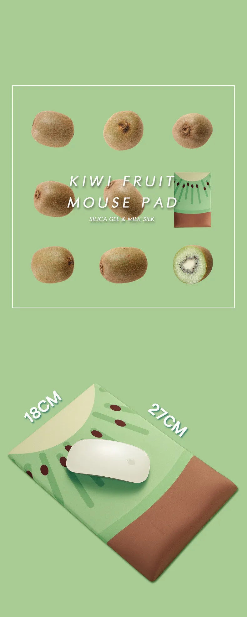 A kiwi-themed mouse pad with a built-in soft wrist support, featuring a cute creative girl design on a cloth surface.