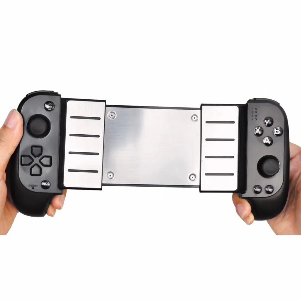 Wireless Bluetooth game controller with extended telescopic handle holding smartphone