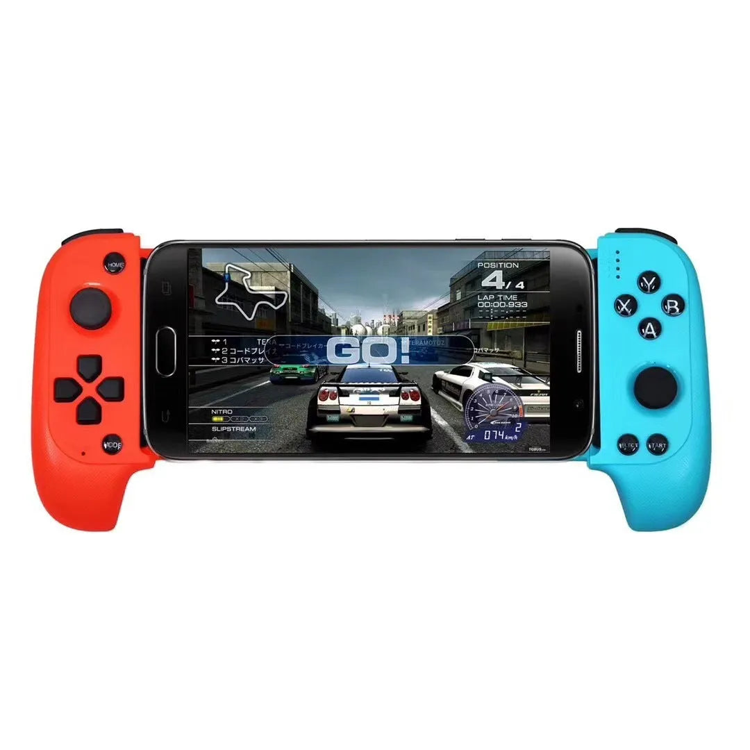 Wireless Bluetooth game controller with extended telescopic handle holding smartphone