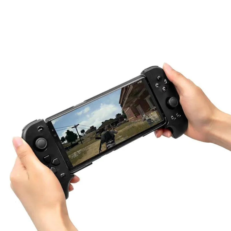 Wireless Bluetooth game controller with extended telescopic handle holding smartphone