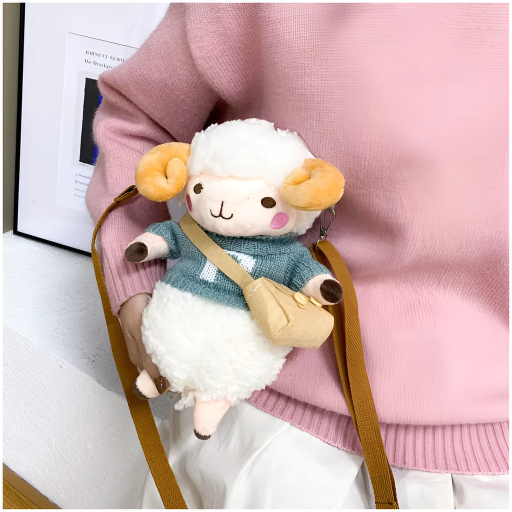 Little Sheep plush crossbody bag showing square shape, lamb pattern, and colour contrast details