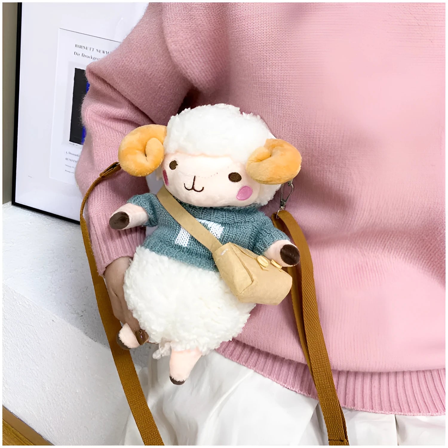 Little Sheep plush crossbody bag showing square shape, lamb pattern, and colour contrast details