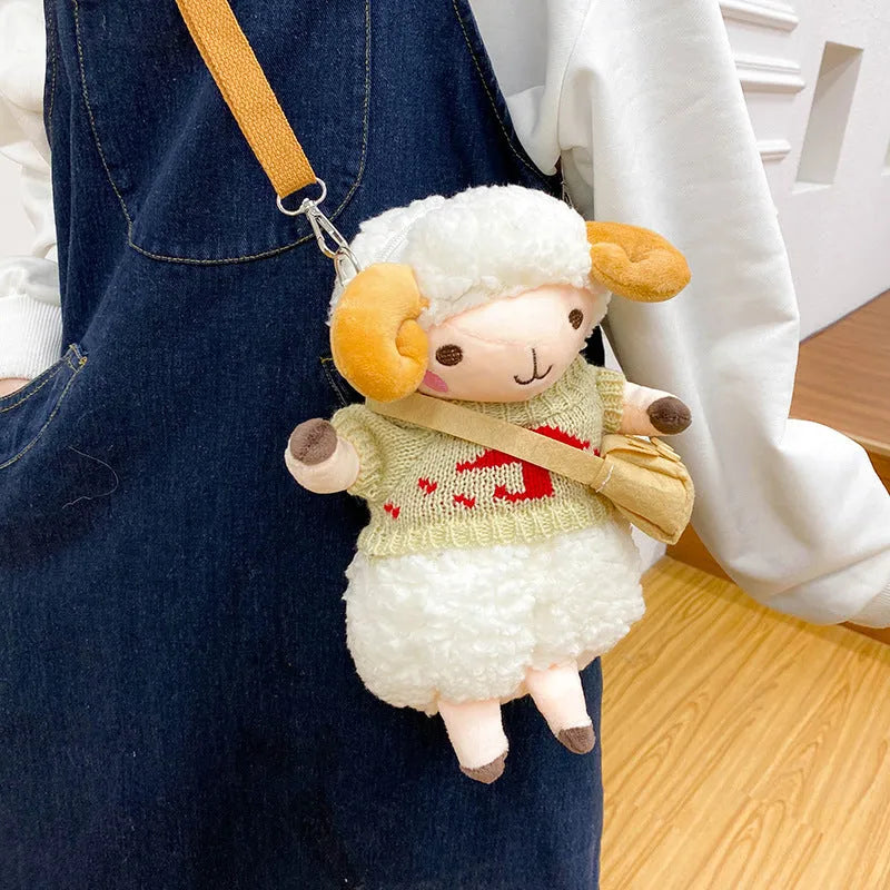 Little Sheep plush crossbody bag showing square shape, lamb pattern, and colour contrast details