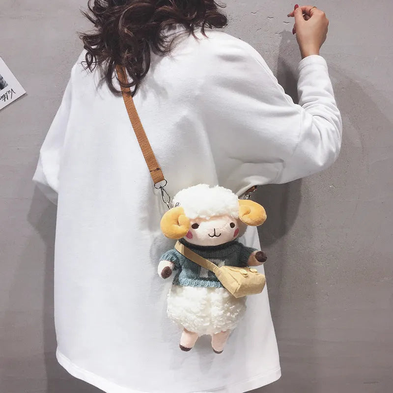 Little Sheep plush crossbody bag showing square shape, lamb pattern, and colour contrast details