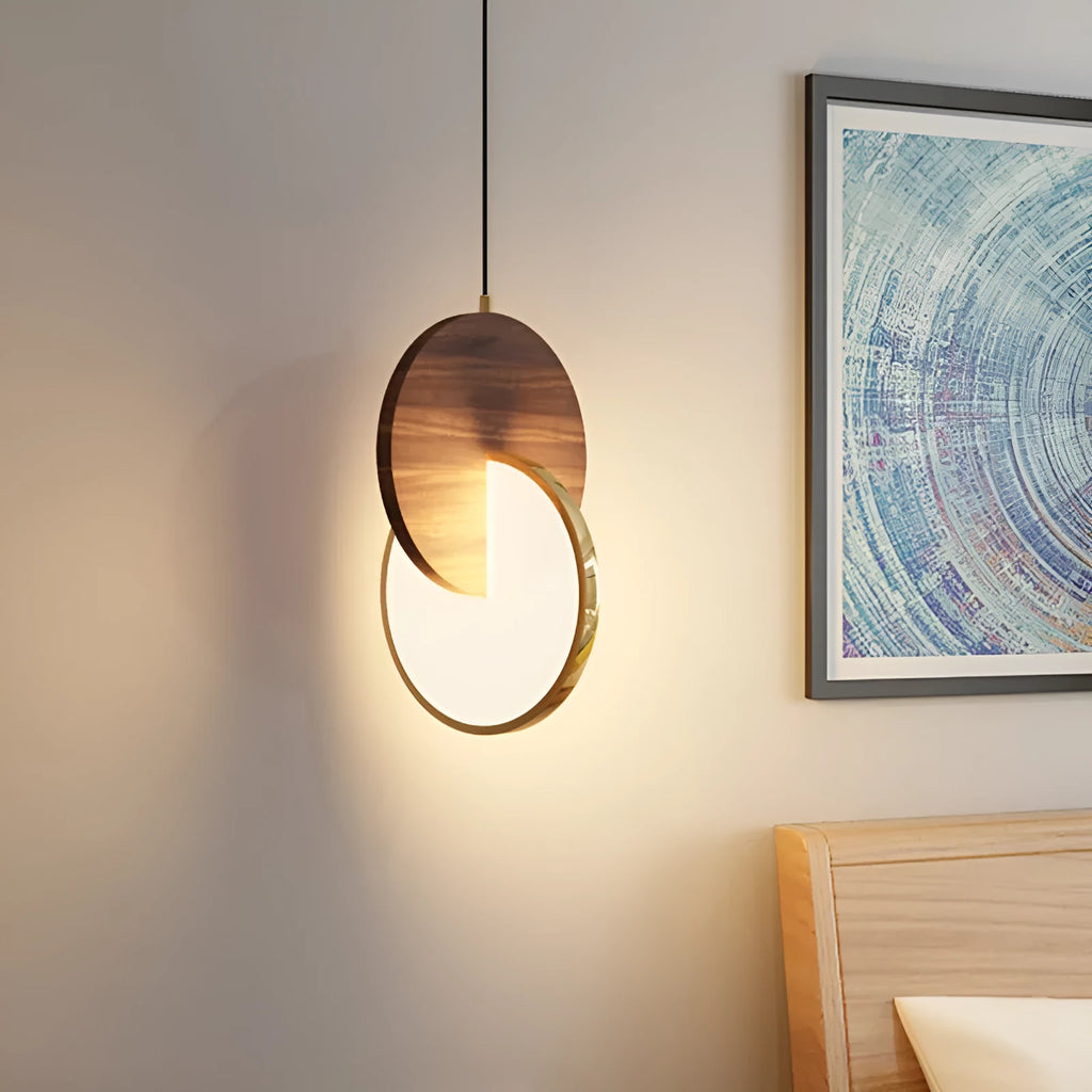 Long-line walnut wood chandelier with wall-mounted design and warm white lighting