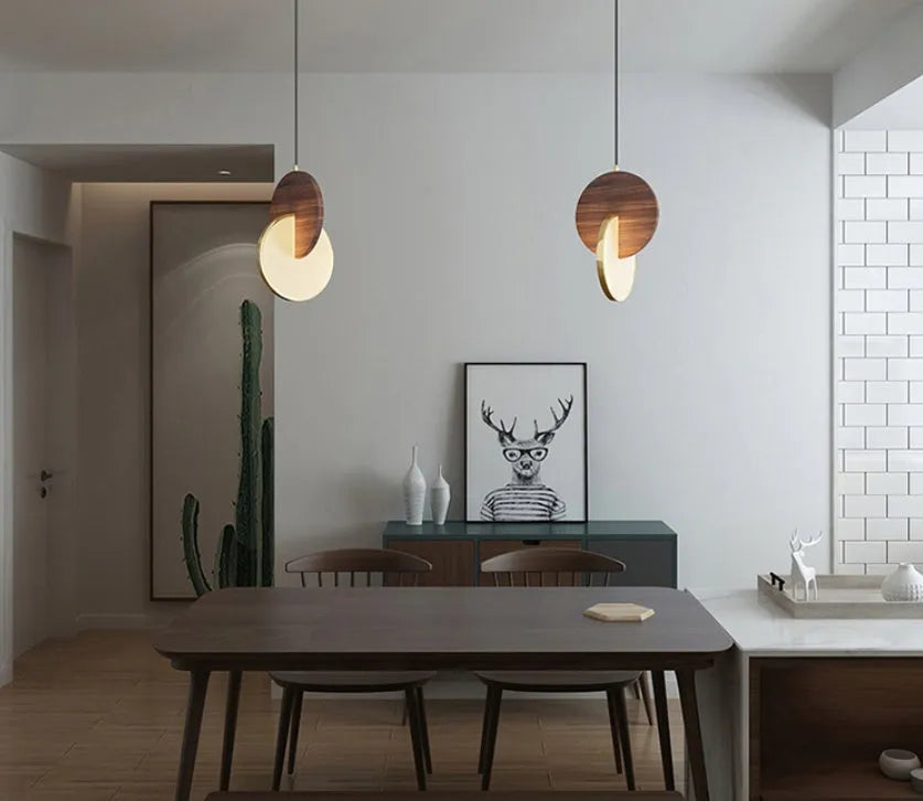 Long-line walnut wood chandelier with wall-mounted design and warm white lighting